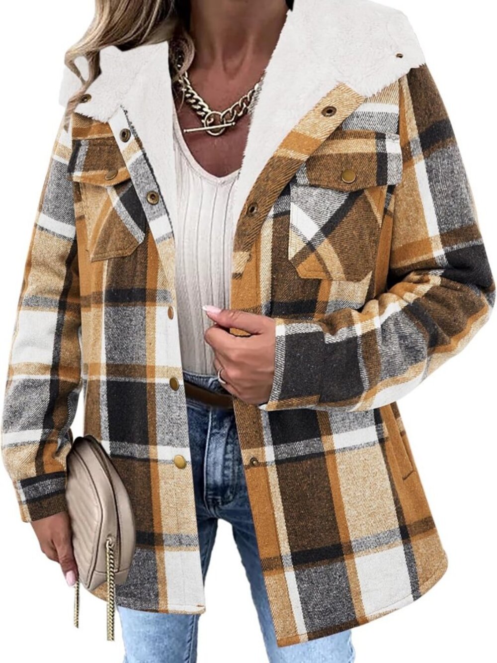Cozy Hooded Flannel Plaid Shacket - Fleece Lined Warm Jacket for Women